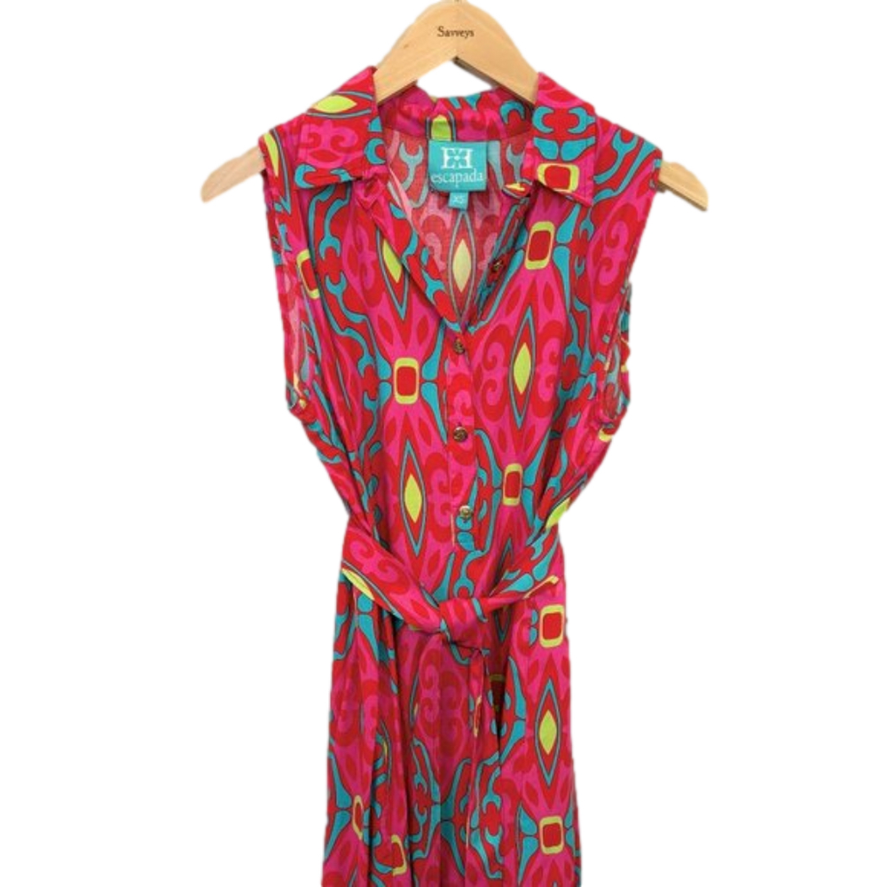 Escapada abstract pink-n- yellow dress, button down w/ belt w/ pockets, size XS